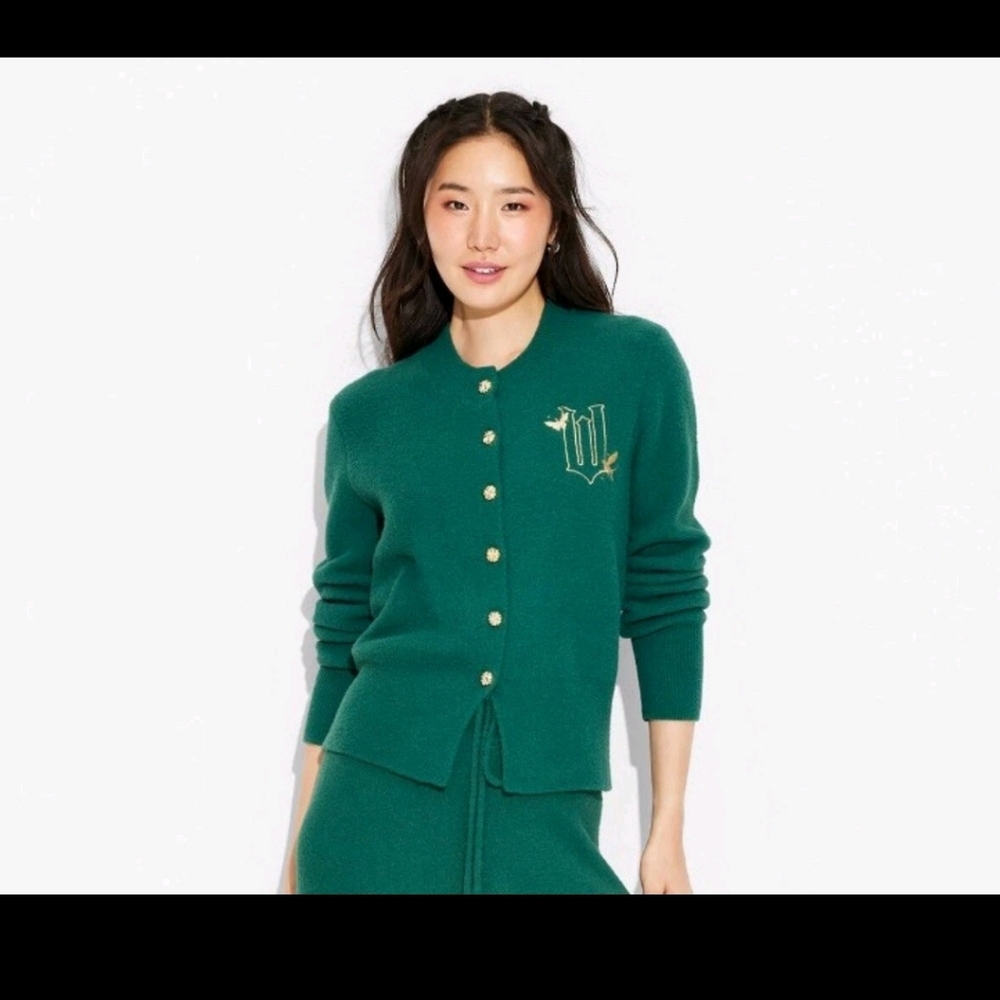 WICKED Green Cardigan gold Buttons with Embroidered W flying Monkey Size Medium - Picture 3 of 13